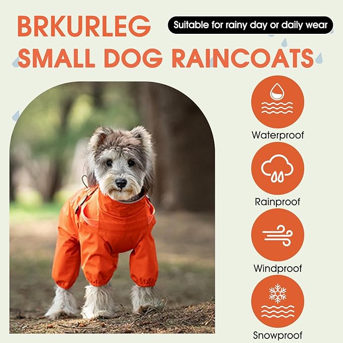 BRKURLEG Dog Raincoat for Small Dogs, Small Dog Rain Jacket with Harness Built in, Waterproof 4 Legs Pet Raincoats, Puppy Outdoor Jacket with Reflective Strip, Orange, XL