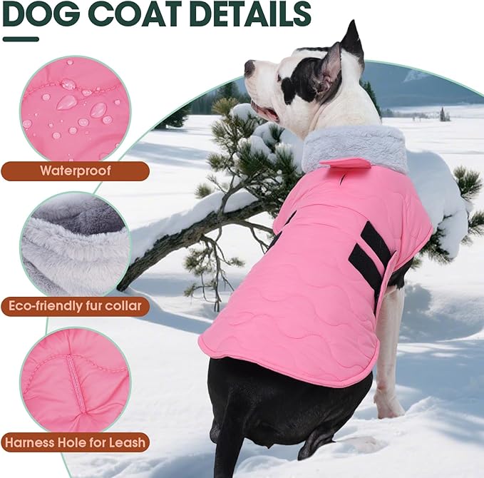 Kuoser Large Dog Coat, Winter Waterproof Dog Jackets for Large Dogs, Doggie Vest with Leash Hole, Cold Weather Coats Pet Snow Jacket for Labrador Beagle, Pink XXL
