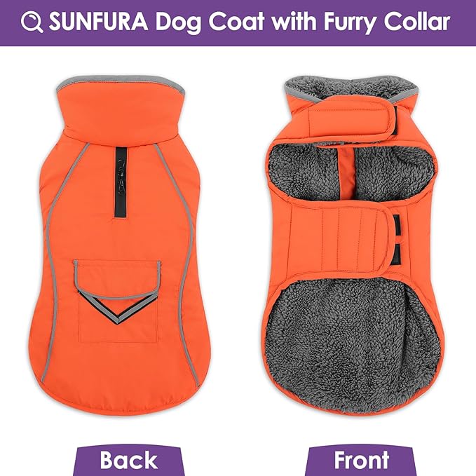 SUNFURA Small Dog Coat, Warm Dog Jacket with Zippered Leash Hole, Reflective Pet Winter Coat Fleece Jacket with Adjustable Furry Collar for Small Dogs Schnauzer, Yorkshire Terrier, Orange S
