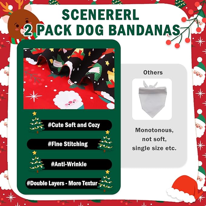 SCENEREAL Christmas Dog Bandanas 2 Pack, Puppy Xmas Santa Claus Elk Triangle Bibs Handkerchief, Reversible Holiday Dog Bandana for Boy and Girl, Premium Pet Scarf for Small Medium Large Dogs L