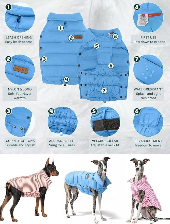 SPACE LION Dog Puffer Jacket, Down Winter Coat, Durable Outdoor Coat for Cold and Windy Conditions, Waterproof, Lightweight Jacket, Adjustable Fit for Small, Medium, Large Dogs(Blue,14/L)