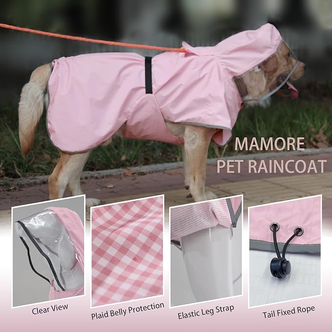 Waterproof Dog Raincoat, Reflective Adjustable Hooded Dog Rain Coat, Lightweight Breathable Pet Rain Jacket Poncho Double Layer with Leash Hole for Small Medium Large Dogs (Pink, XX-Large)