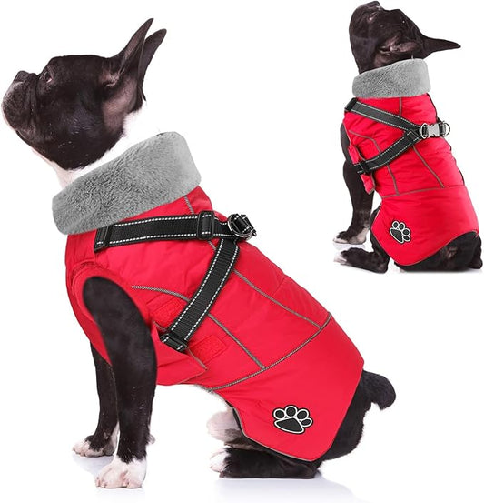 Doglay Dog Jacket Waterproof Dog Coat with Harness Built in, Christmas Puppy Winter Coat Reflective Turtleneck Puffer Snow Jackets for Small Medium Large Dogs