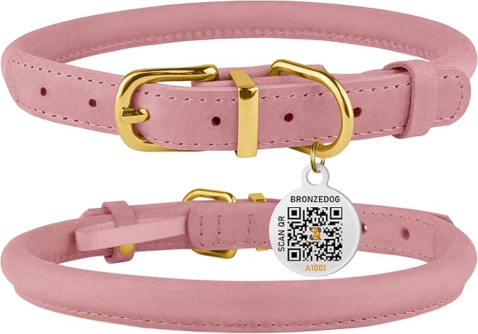 BronzeDog Rolled Leather Dog Collar with QR ID Tag, Adjustable Soft Round Collars for Small Medium Large Dogs Puppy (11" - 14 1/2" Neck Size, Blush)