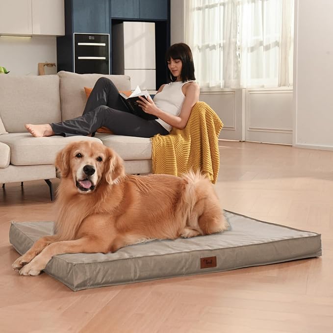 Outdoor Orthopedic Dog Bed for Medium Dogs & Cats, Waterproof Flat Pet Mat with Egg Crate Foam & Washable Removable Oxford Cover, 30x20 Inch, Khaki