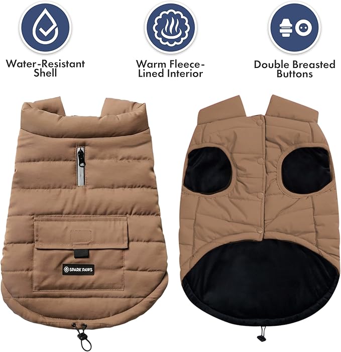 Spark Paws Dog Winter Jacket, Water-Resistant Coat, Warm Reflective Windproof Fleece-Interior, for Medium and Large Dogs - Tan - 2XL