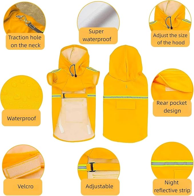 Reflective Strip Dog Raincoat, Ultra - Light Breathable Waterproof Rain Jacket with Hood, Adjustable Sizes for Small/Medium/Large Dogs, (L)