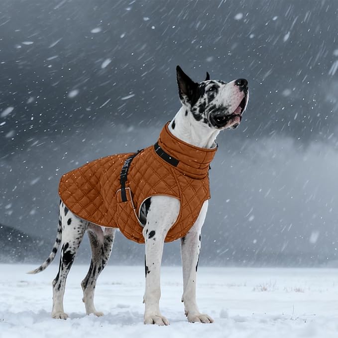 Kuoser Dog Coat Warm Fleece Lining Turtleneck Dog Jacket with Harness Built-in, Adjustable Windproof Cold Weather Coats with Quick Release Buckle Pet Winter Snowsuit for Extra Large Dogs, Khaki 3XL