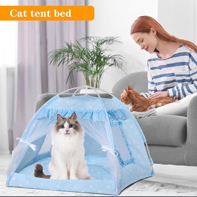 Cat Princess Bed Tent House - Kitty Cute Beds Indoor,Small Dog House Indoor/Outdoor Cave Nest Bed Small Dog Tent for Cat,Puppy Tents (19.6"x19.6"x17.7"/Blue)