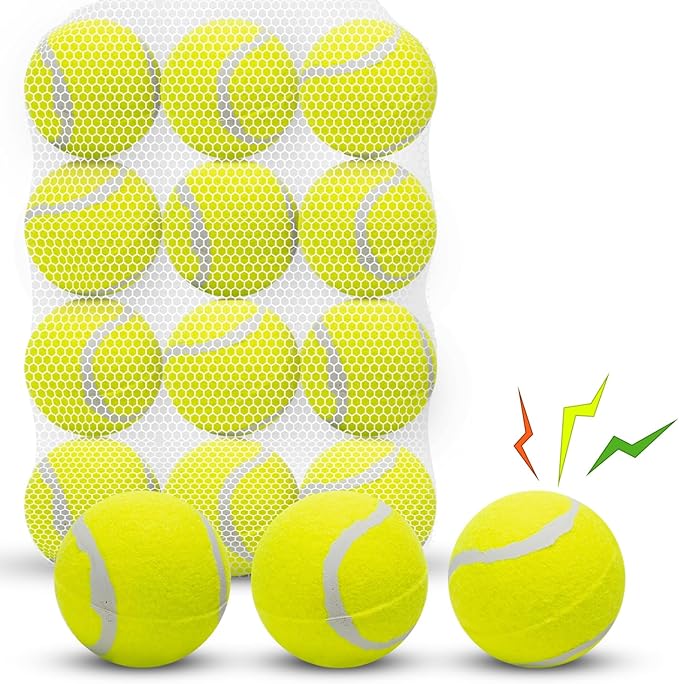 Nobleza 12 Pack 2.5' Floatable Squeaky Tennis Balls for Small Medium Dogs, Training Safe Natural Rubber Squeaky Dog Balls for Fetch Exercise, Yellow