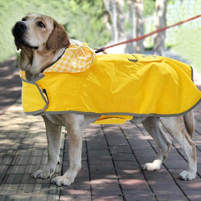 MAMORE Dog Raincoat Reversible,Waterproof Dog Rain Coat Hooded Slicker Poncho with Reflective Strip, Plaid Double Layer Rain Jacket for Small Medium Large Dogs (Yellow, XX-Large)