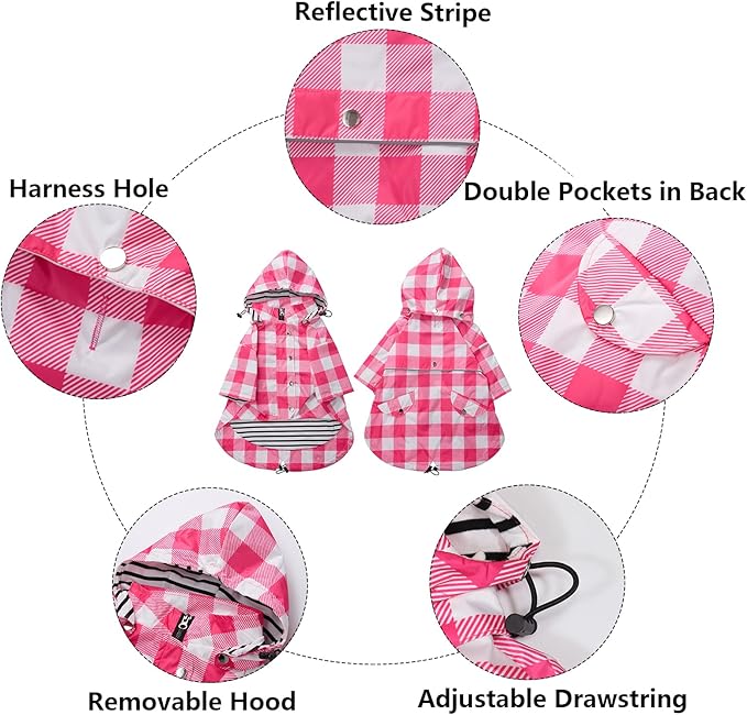 Dog rain Coat Waterproof Raincoat Puppy Jacket with Legs Buttons Zipper Hood Drawstring Fit for Yorkie Terrier Schnauzer Poodle Border Collie Labrador Golden Retriever 8lbs to 80lbs Pink S
