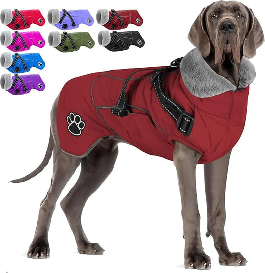 Doglay Dog Jacket Waterproof Dog Coat with Harness Built in, Christmas Puppy Winter Coat Reflective Turtleneck Puffer Snow Jackets for Small Medium Large Dogs