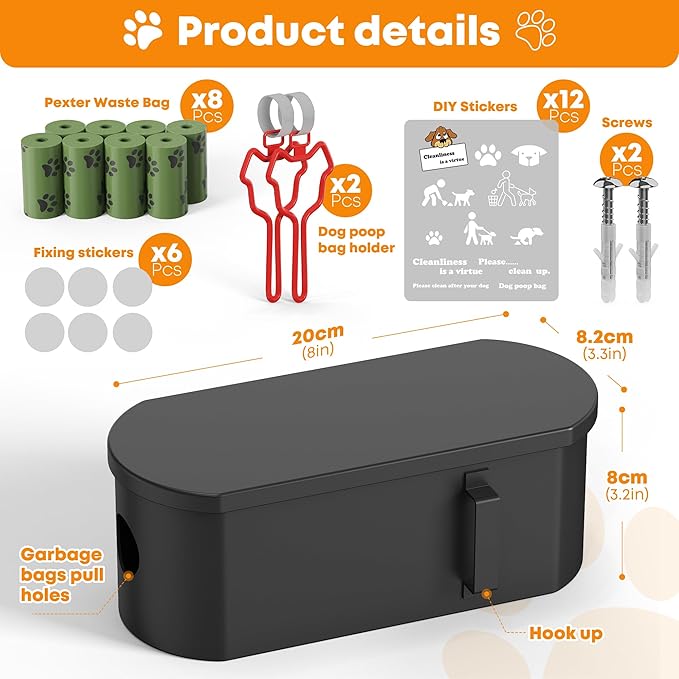 Dog Poop Bag Dispenser Wall Mount with 2Pcs Holders and 8 Rolls of Waste Bag,Magnetic Door Closure,Metal, Corrosion-resistant,High capacity,Dark Gray,Suitable for Outdoor, Indoor, Raising Puppies