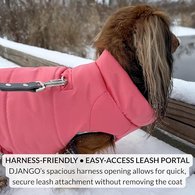 DJANGO Puffer Dog Coat – Warm Winter Dog Jacket & Water-Repellent Insulated Puffer Vest with Striped Lining, Harness Hole, Adjustable Fit for Small & Medium Dogs, Dachshunds – Rose Petal Pink, Medium