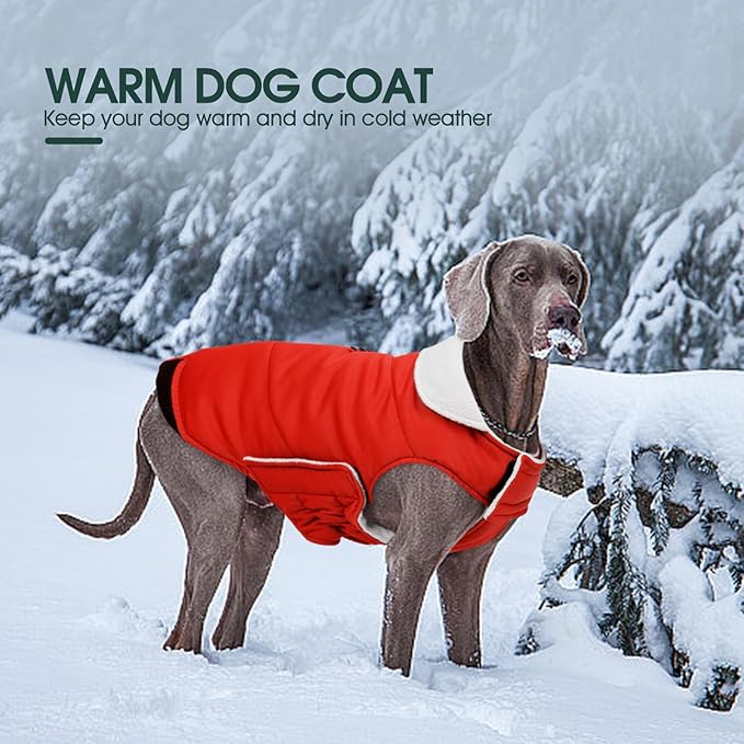 Kuoser Dog Coat Large, Cold Weather Reflective Waterproof Dogs Jacket with Warm Fleece Lining, Turtleneck Dog Winter Coat with Zipper, Doggy Snow Jacket Pet Coats for Small Medium Large Dogs, Red L