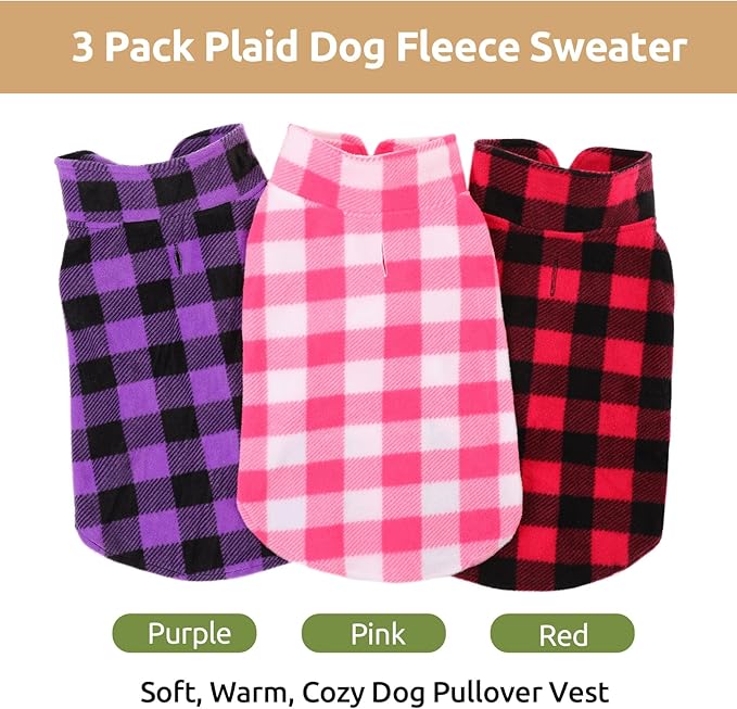 Kama Bridal 3 Pack Dog Coat - Spring, Autumn, Winter - Fleece Vest for Cats & Small/Medium Dogs - Red, Pink, Purple Plaid (XXXS)