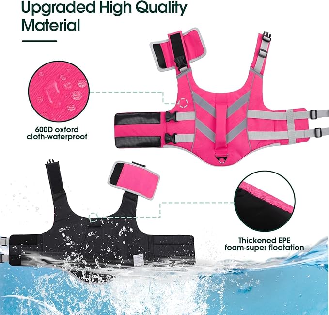 Kuoser Medium Dog Life Jackets - Reflective Swim Vests for Beach & Boating, Pink