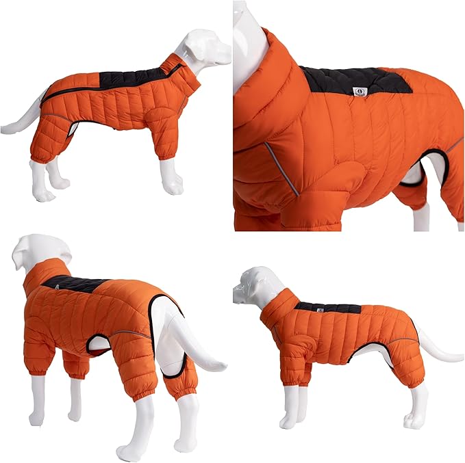 Dog Coat Dog Warm Jacket, 4 Legs Covered Waterproof Windproof Reflective Warm Dog Vest, Zippered Adjustable Outdoor Dog Snow Jacket for Small Medium Large Dogs Orange L