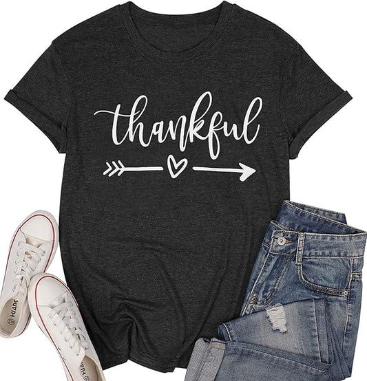 NIUBIA Women's T Shirts Summer Tops Simple Heart Graphic Shirts Sayings Short Sleeve Vacation Casual Blouse Thankful Tee