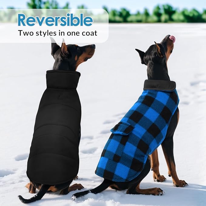 ASENKU Dog Winter Coat, Fleece Doggie Jacket Plaid Reversible Vest Waterproof Windproof Cold Weather Clothes for Small Medium Large Dogs (L, Blue)