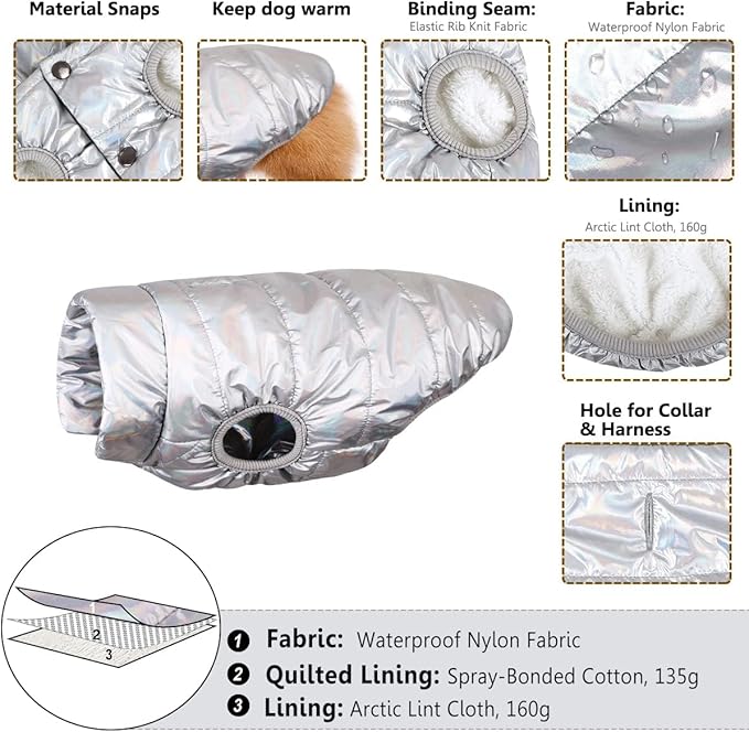 ASENKU Dog Winter Coat - Waterproof Windproof Dog Jacket, Warm Snowproof Doggie Puffer Vest for Cold Weather, Lightweight Snow Coats for Small Medium Large Dogs (Silver, S)