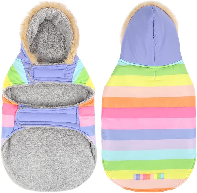 HDE Dog Puffer Jacket Fleece Lined Warm Dog Parka Winter Coat with Harness Hole Pastel Rainbow - S