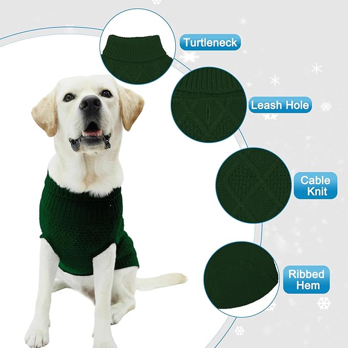 Mihachi Turtleneck Dog Sweater - Winter Coat Apparel Classic Cable Knit Clothes with Leash Hole for Cold Weather, Ideal Gift for Pet in New Year Army Green 2XL