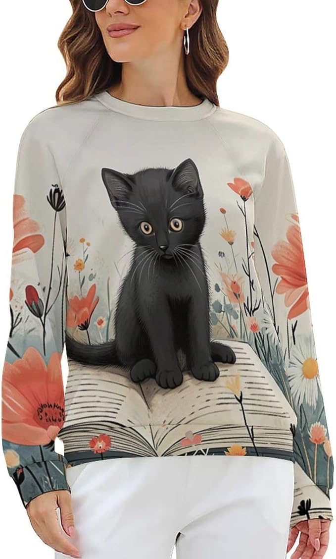 Long Sleeve Shirts for Women Cat Oil Painting Shirt 3D Graphic Sweatshirts Fall Pullover Crewneck Vintage Boho Tops