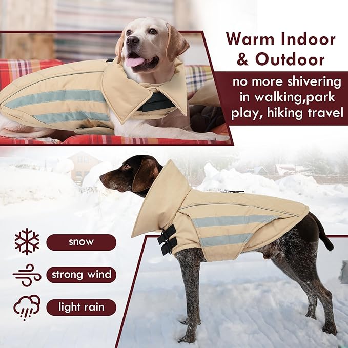 Winter Dog Coat Waterproof Reflective Dog Jacket for Extra Large Dogs with Harness Hook & Loop Turtleneck Fleece Snowsiut for Dogs Great Dane, Khaki 5XL