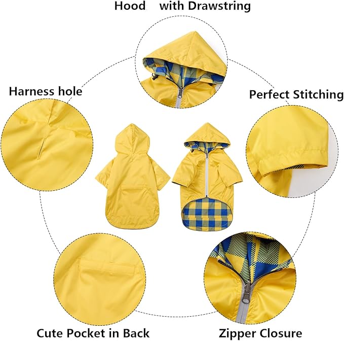 Dog Raincoat Dogs Waterproof Reversible rain Jacket Dog Small Medium Breeds Reflective Zipper Storage Pocket Harness Hole - Yellow - L