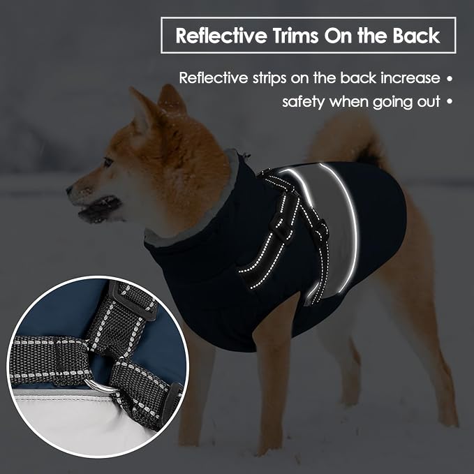 SUNFURA Dog Jacket, Large Dog Coat with Harness Built in, Warm Pet Winter Jacket Zippered Snow Coat with Furry Collar, Waterproof Fleece Snowsuit for French Bulldog, Navy Blue L