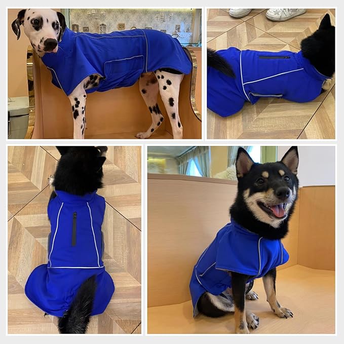 ROZKITCH Raincoat Jacket for Dogs, Waterproof Windproof Dog Rain Jacket with Fleece Liner and Leash Hole Reflective Strip for Medium Large Dog, Adjustable Poncho Vest for Outdoor Hiking Travel Blue L