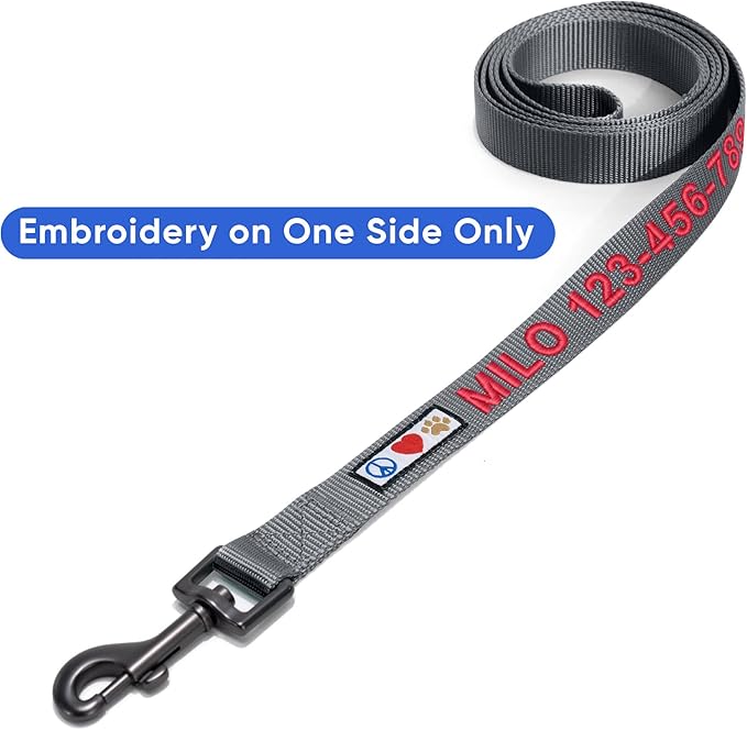 Pawtitas Personalized Dog Leash - Embroidered Custom Leash with Pet Name & Phone Number, 6 ft Long, Grey, Extra Small