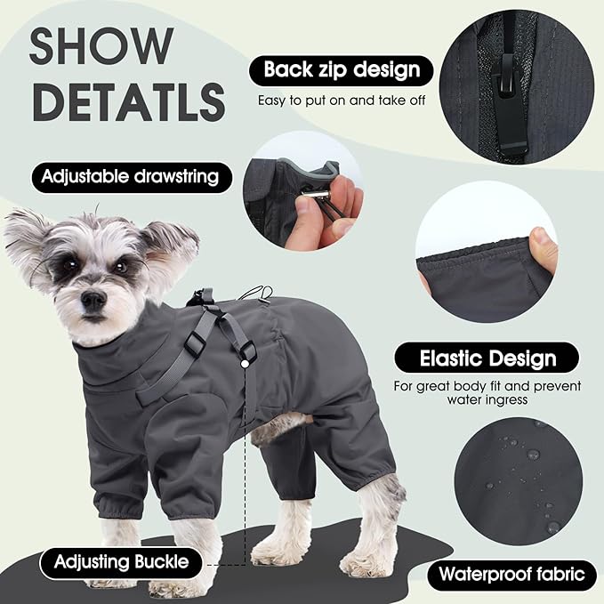 BRKURLEG Dog Raincoat with Harness for Small Dogs, Adjustable Waterproof Dog Rain Jacket, Reflective Rainproof Puppy 4 Legs Raincoat, Full Body Pet Rain Jacket, Dark Grey, L