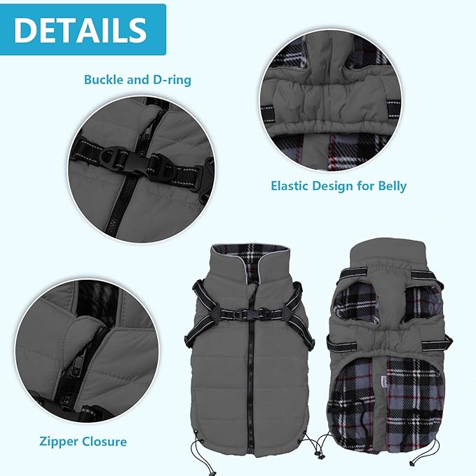 Geyecete Winter Warm Coat Waterproof Dog Winter Jacket with Harness Traction Belt,Pet Outdoor Jacket Dog Autumn and Winter Clothes for Medium, Small Dog-Gray-L