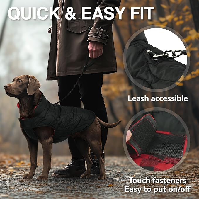 VIVAGLORY Softjoy Dog Coat, Dog Jacket for Winter & Christmas, Coat with Harness Hole & Velcro Closure, Reversible Plaid Checkered Warm Fluffy Heavy Duty for Puppy, S, Red Black
