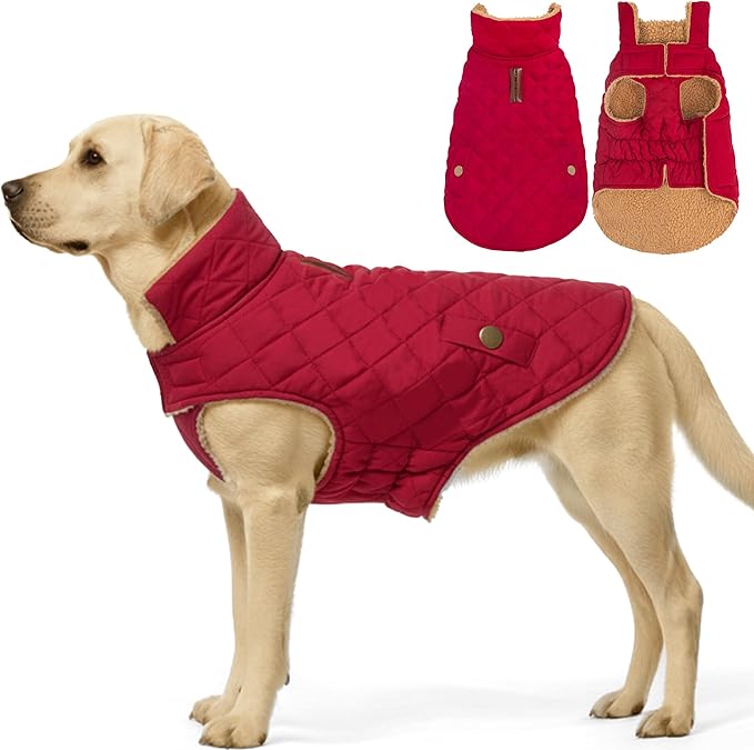 azuza Dog Jacket for Large Dogs Waterproof & Windproof Dog Coat for Small Dogs with Thick Fleece, High Collar with Leash Hole, Adjustable Velcro & Elastic Belly, Red 3XL