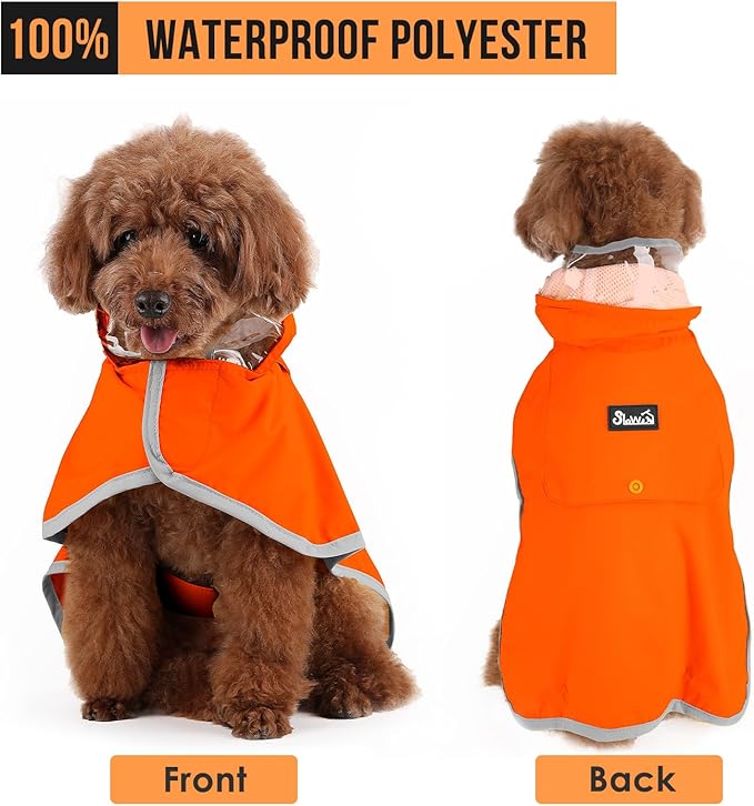 SlowTon Dog Raincoat, Adjustable Dog Rain Jacket Clear Hooded Double Layer, Waterproof Poncho with Reflective Strip Straps and Storage Pocket for Small Medium Large Dogs Puppies(OR L)