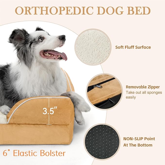 Comfort Expression Orthopedic Dog Bed for Small Dogs 20x14 Inch, Waterproof Supportive Egg Crate Foam Small Pet Bed with Removable Bolsters, Dog Couch with Washable Cover & Non-Slip Bottom, Caramel