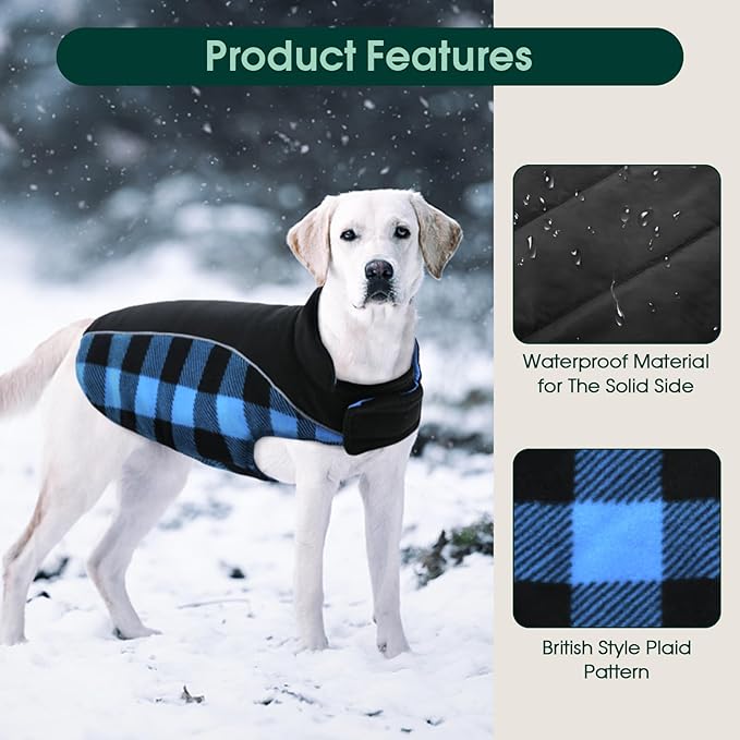 Kuoser Dog Winter Coat, Reversible Waterproof Dog Jacket with Reflective Strip, Warm Dogs Fleece Vest Adjustable Doggy Cold Weather Clothes Plaid Christmas Outfit Pet Apparel for Large Dogs, Blue L