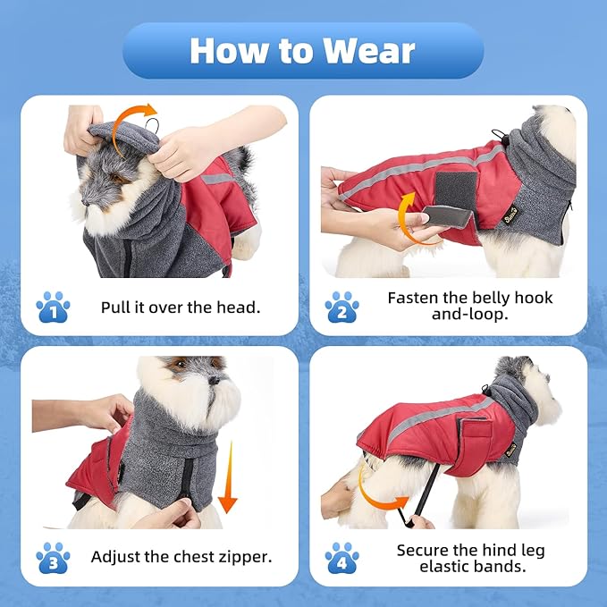 SlowTon Winter Dog Coat, Warm Polar Fleece Lining Doggie Outdoor Jacket with Turtleneck Scarf Reflective Stripe Adjustable Waterproof Windproof Puppy Vest Soft Pet Outfits (S,Red)