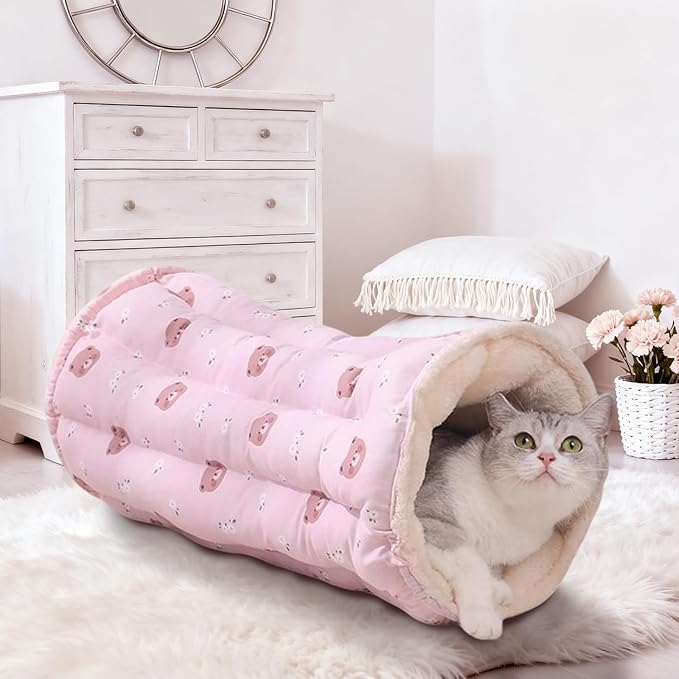 Geometric Cat Tunnel Toy with Winter Warm Cat Bed, Reversible Plush & Fleece, Collapsible Pet Play Mat for Indoor Rabbits, Kittens, Ferrets,Puppy,Diameter 11 Inch (Pink)