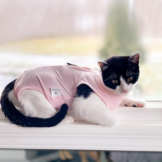 DOTON Cat Recovery Suit for Male and Female Surgical Post Surgery Soft Cone Onesie Shirt Clothes Neuter Licking Protective Diapers Outfit Cover Kitten Spay Collar(S, Pink)