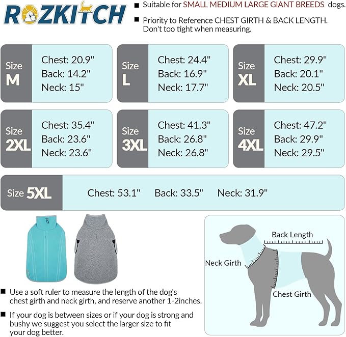 ROZKITCH Reversible Fleece Jacket for Dogs Super Warm Fleece Sherpa Sweater with Embroidery, Adjustable Double-Sided Plush Sweatshirt for Medium Giant Breeds Bluegreen L