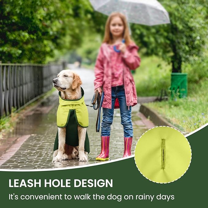 BRKURLEG Dog Raincoat for Small Medium and Large Dogs Waterproof Dog Rain Jacket Adjustable Hooded Dogs Raincoat Pet Rain Coat Poncho with Leash Hole, Reflective Strip, Green, XL