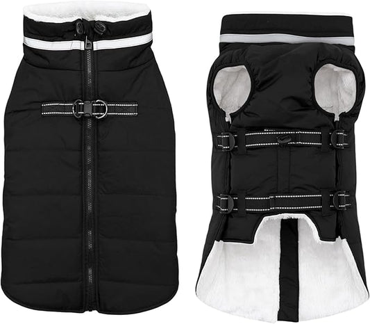 Large Dog Coat with Harness Built-in, Waterproof Reflective Fleece Lined - Warm Windproof Winter Jacket with Back Zipper, Cold Weather Snow Dog Coats - Black - 3XL