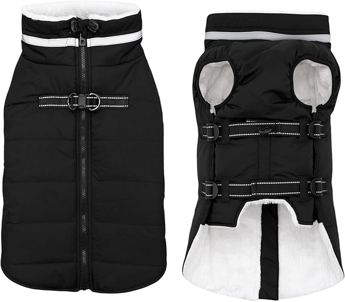 Large Dog Coat with Harness Built-in, Waterproof Reflective Fleece Lined - Warm Windproof Winter Jacket with Back Zipper, Cold Weather Snow Dog Coats - Black - XL