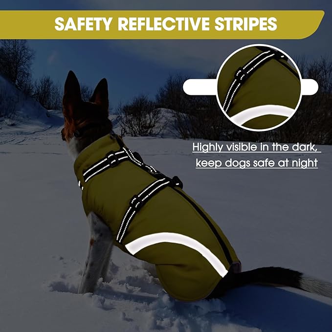 BRKURLEG Dog Winter Jackets for Medium Dogs, Dog Coat with Harness Built in, Dogs Snowsuits with Zipper, Waterproof Windproof Pet Puffer Jacket Fleece Vest for Beagle, Pug, Green L