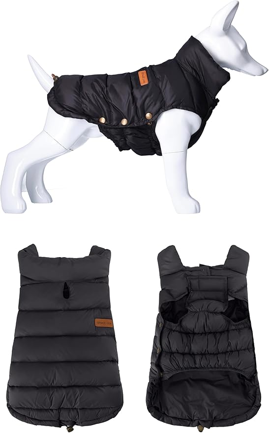 SPACE LION Dog Puffer Jacket, Down Winter Coat, Durable Outdoor Coat for Cold and Windy Conditions, Waterproof, Lightweight Jacket, Adjustable Fit for Small, Medium, Large Dogs(Onyx Black,28/4XL)